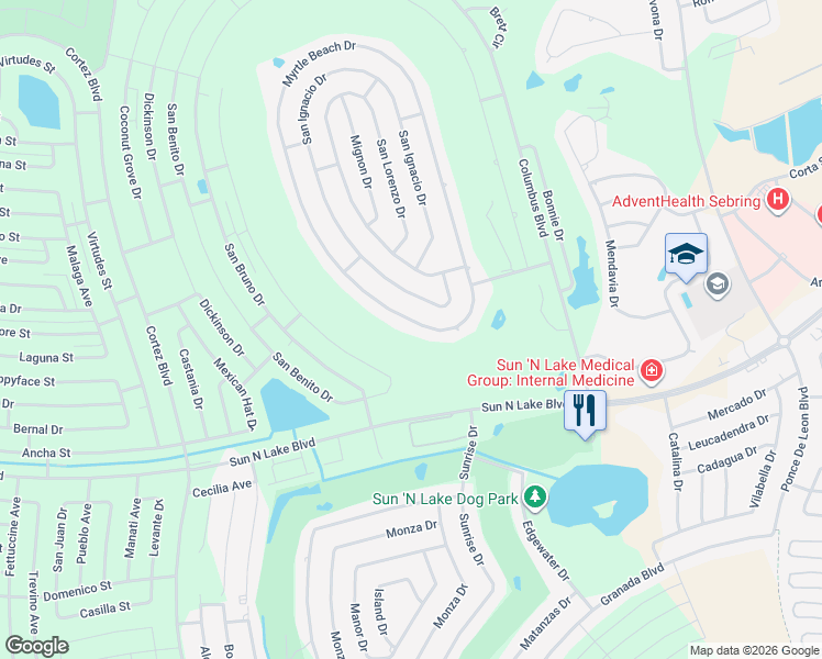 map of restaurants, bars, coffee shops, grocery stores, and more near 5048 Myrtle Beach Drive in Sebring