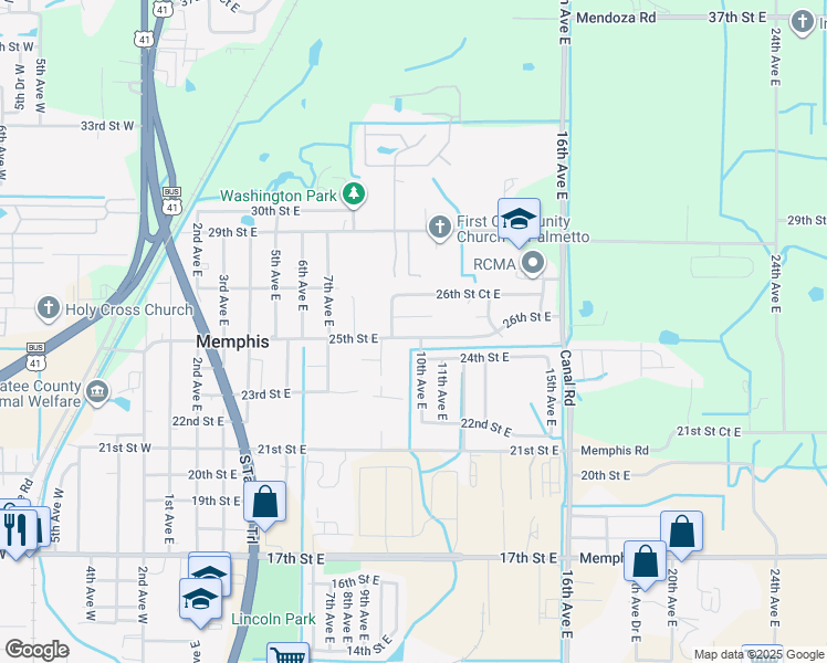 map of restaurants, bars, coffee shops, grocery stores, and more near 924 25th Street East in Palmetto
