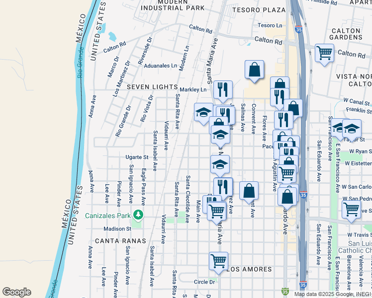 map of restaurants, bars, coffee shops, grocery stores, and more near 3914 Santa Cleotilde Avenue in Laredo