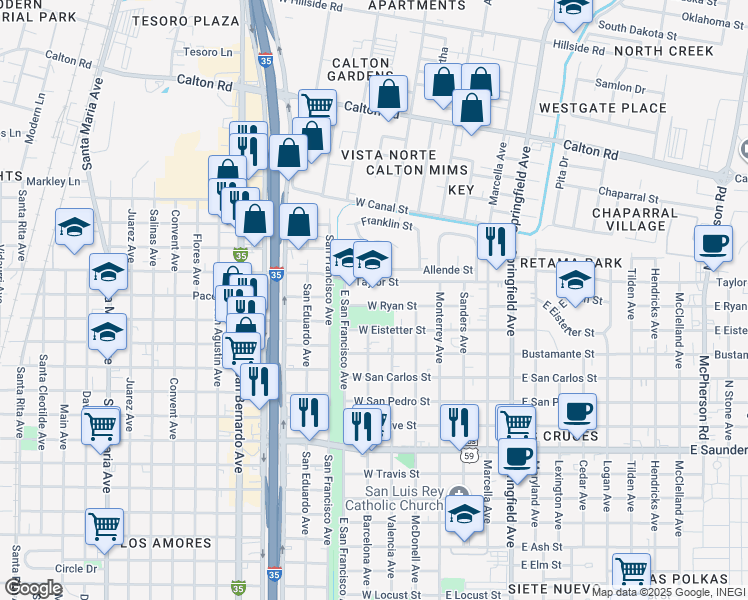 map of restaurants, bars, coffee shops, grocery stores, and more near 4401 San Francisco Avenue in Laredo