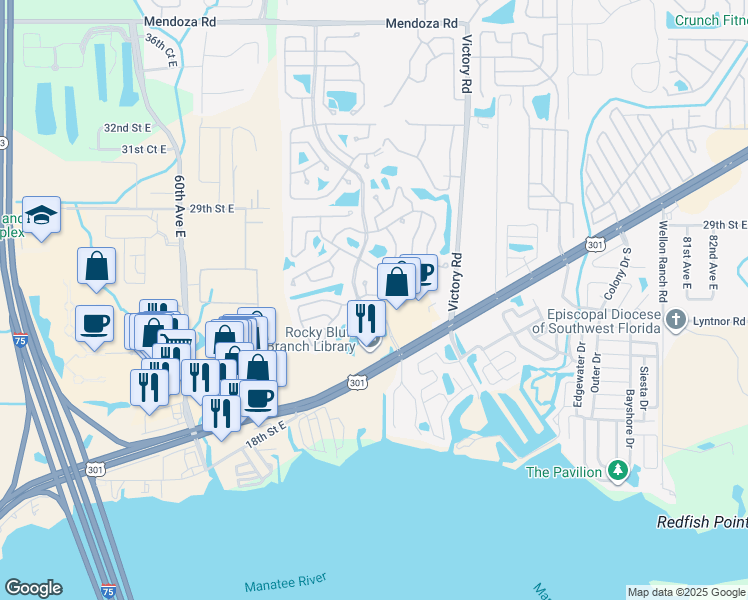 map of restaurants, bars, coffee shops, grocery stores, and more near 57 Mourningdove Court in Ellenton
