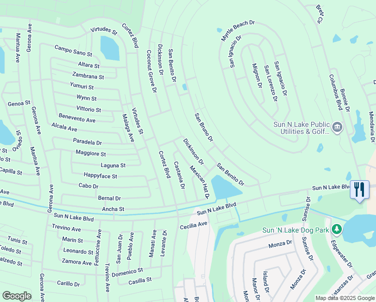 map of restaurants, bars, coffee shops, grocery stores, and more near 6899 Dickinson Drive in Sebring