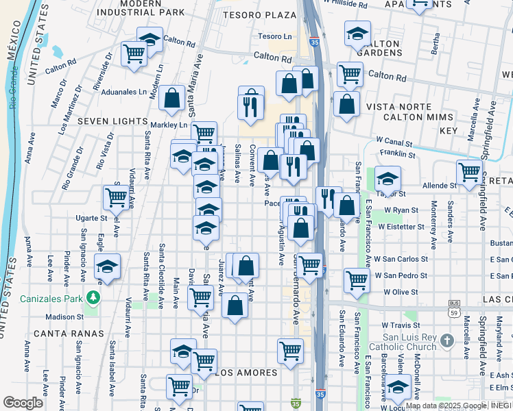map of restaurants, bars, coffee shops, grocery stores, and more near 4119 Convent Avenue in Laredo