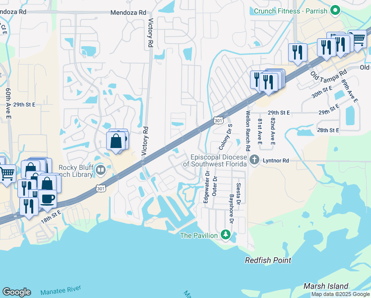map of restaurants, bars, coffee shops, grocery stores, and more near 305 Alkmaar Street in Ellenton