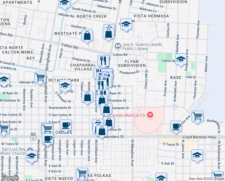 map of restaurants, bars, coffee shops, grocery stores, and more near 1306 Taylor Street in Laredo