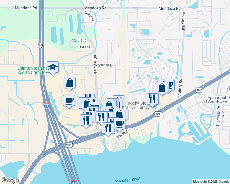 map of restaurants, bars, coffee shops, grocery stores, and more near 2608 63rd Avenue East in Ellenton