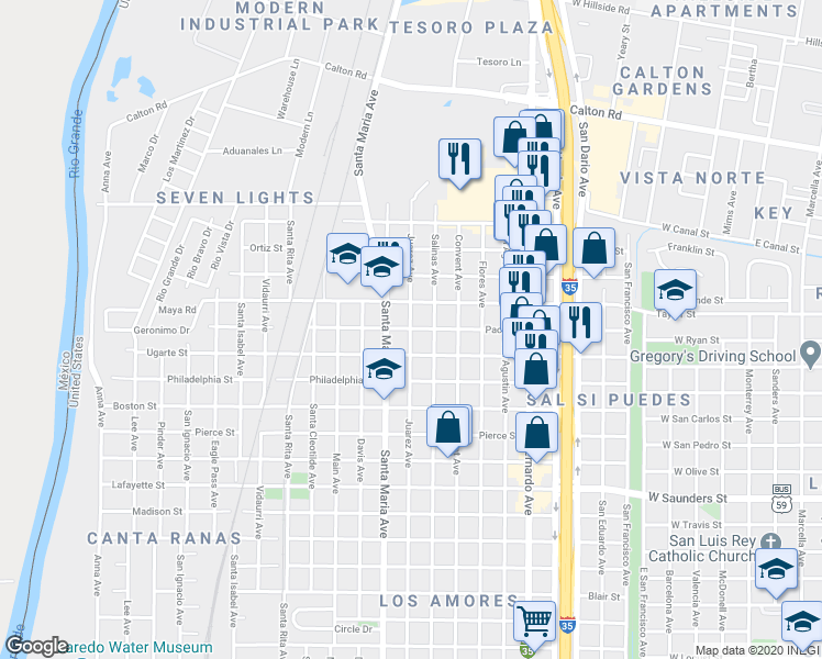 map of restaurants, bars, coffee shops, grocery stores, and more near 1399 Pace Street in Laredo