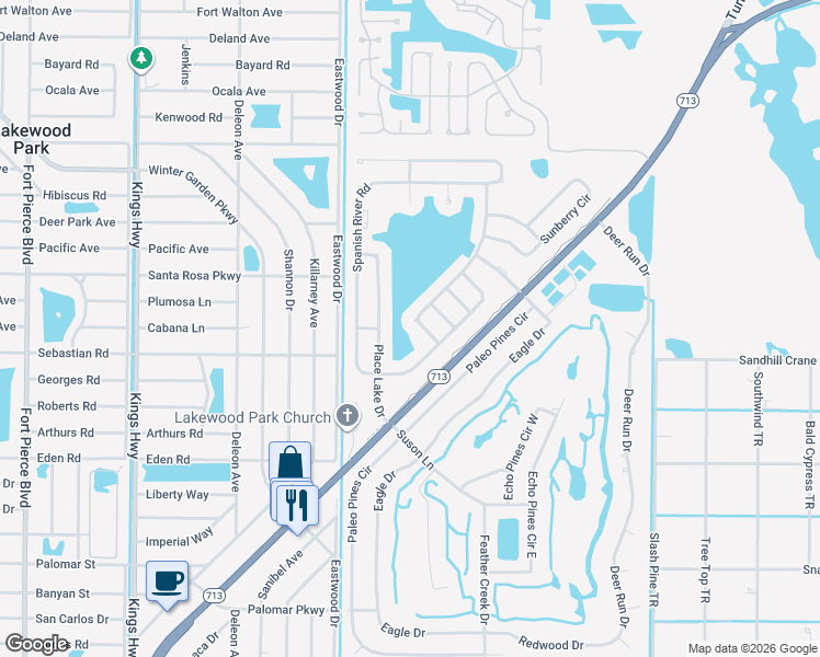 map of restaurants, bars, coffee shops, grocery stores, and more near 5610 Place Lake Drive in Fort Pierce