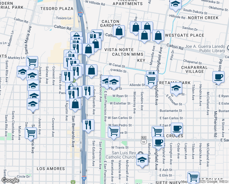 map of restaurants, bars, coffee shops, grocery stores, and more near 4401 San Francisco Avenue in Laredo