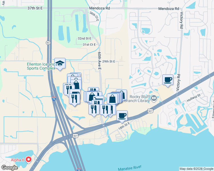 map of restaurants, bars, coffee shops, grocery stores, and more near 2512 61st Avenue East in Ellenton