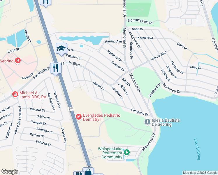 map of restaurants, bars, coffee shops, grocery stores, and more near 3109 Valerie Blvd in Sebring