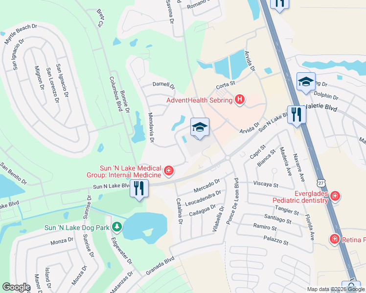 map of restaurants, bars, coffee shops, grocery stores, and more near 4329 Cremona Drive in Sebring
