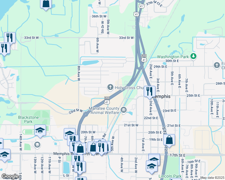 map of restaurants, bars, coffee shops, grocery stores, and more near 505 26th Street West in Palmetto