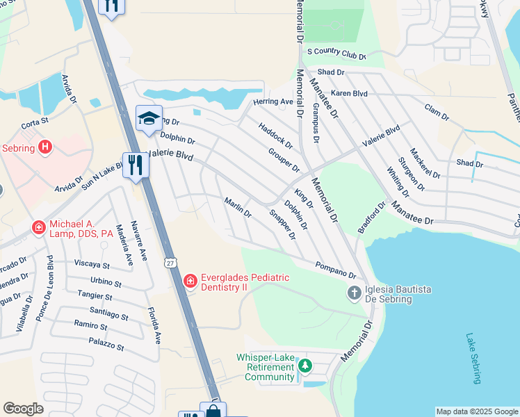 map of restaurants, bars, coffee shops, grocery stores, and more near 3109 Valerie Blvd in Sebring