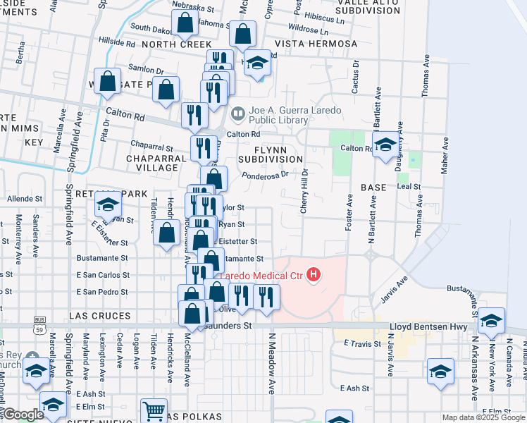 map of restaurants, bars, coffee shops, grocery stores, and more near 1419 Taylor Street in Laredo