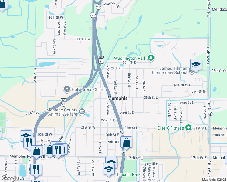 map of restaurants, bars, coffee shops, grocery stores, and more near 2517 3rd Avenue East in Palmetto