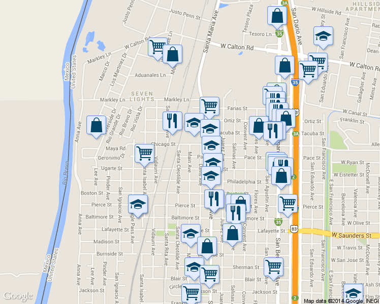 map of restaurants, bars, coffee shops, grocery stores, and more near 4117 Main Ave in Laredo