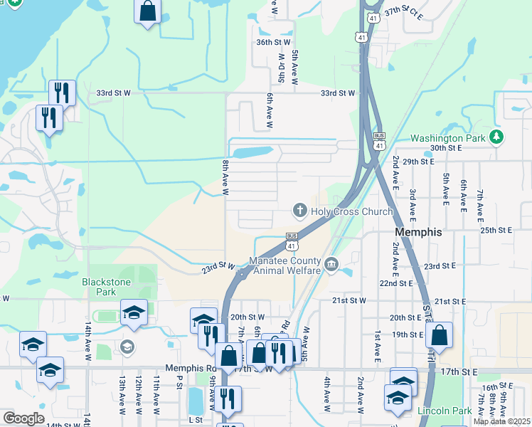 map of restaurants, bars, coffee shops, grocery stores, and more near 490 Church Road in Palmetto