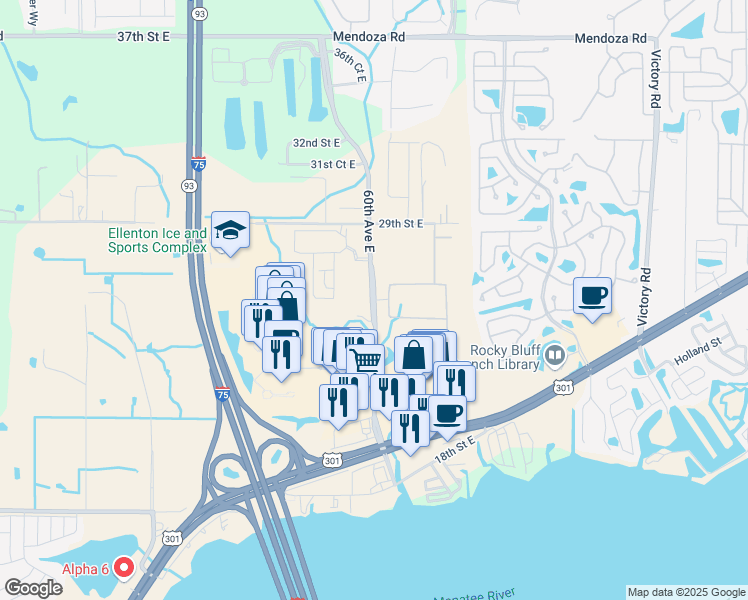 map of restaurants, bars, coffee shops, grocery stores, and more near 2647 60th Avenue East in Ellenton