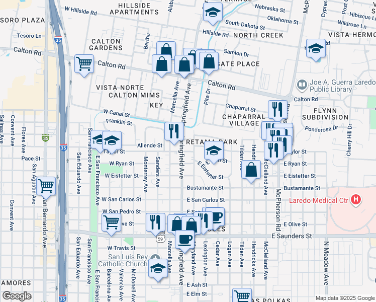 map of restaurants, bars, coffee shops, grocery stores, and more near 402 Taylor Street in Laredo