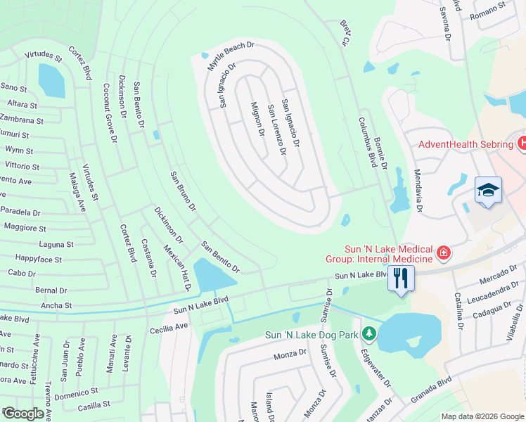 map of restaurants, bars, coffee shops, grocery stores, and more near 5024 Myrtle Beach Drive in Sebring