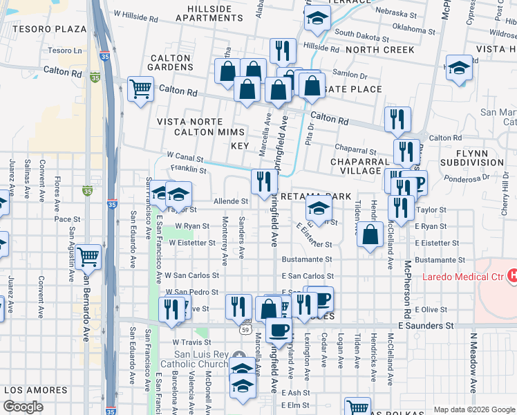 map of restaurants, bars, coffee shops, grocery stores, and more near 4510 Marcella Avenue in Laredo