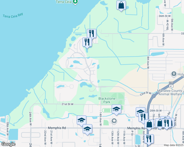 map of restaurants, bars, coffee shops, grocery stores, and more near 2413 Waterford Court in Palmetto