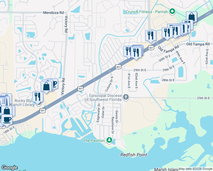 map of restaurants, bars, coffee shops, grocery stores, and more near 392 Brookwood Drive in Ellenton