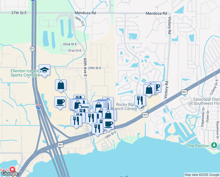 map of restaurants, bars, coffee shops, grocery stores, and more near 2608 63rd Avenue East in Ellenton