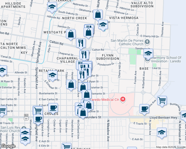 map of restaurants, bars, coffee shops, grocery stores, and more near 1306 Taylor Street in Laredo