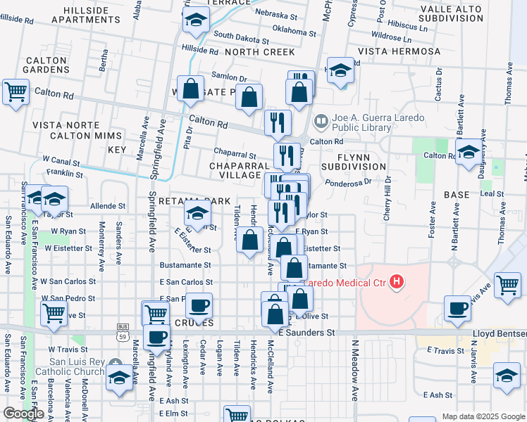 map of restaurants, bars, coffee shops, grocery stores, and more near 1012 Taylor Street in Laredo