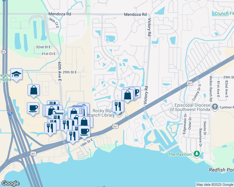 map of restaurants, bars, coffee shops, grocery stores, and more near 57 Mourningdove Court in Ellenton