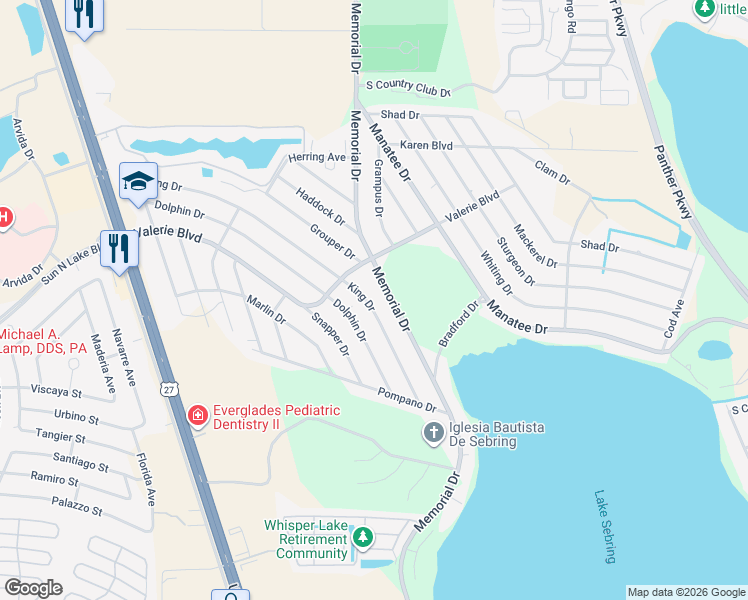 map of restaurants, bars, coffee shops, grocery stores, and more near 2824 King Dr in Sebring