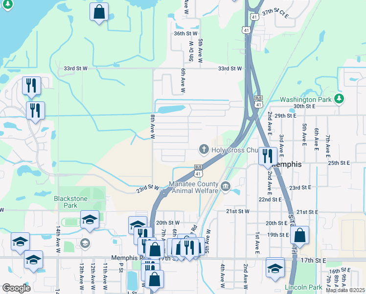 map of restaurants, bars, coffee shops, grocery stores, and more near 490 Church Road in Palmetto
