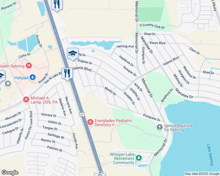 map of restaurants, bars, coffee shops, grocery stores, and more near 3212 Marlin Drive in Sebring