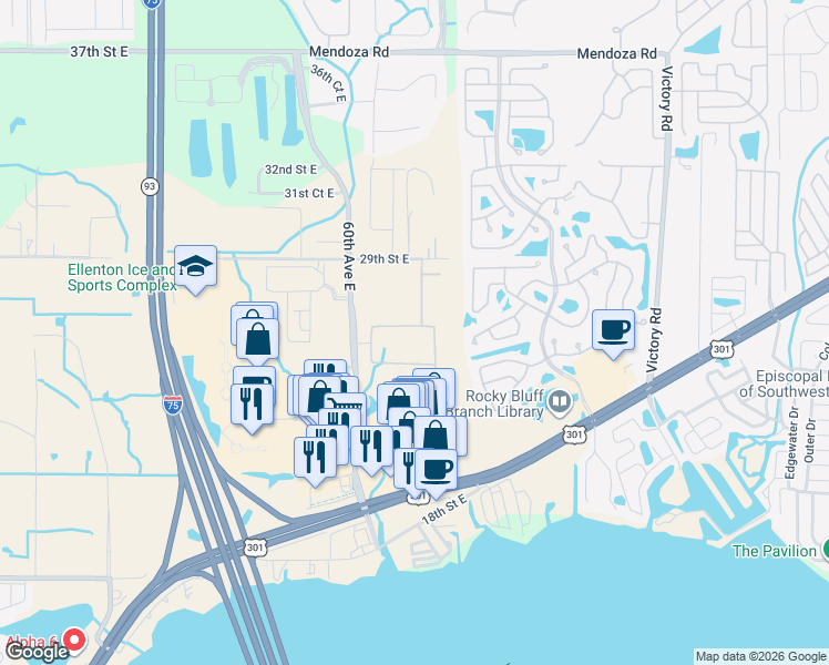 map of restaurants, bars, coffee shops, grocery stores, and more near 6167 27th Street East in Ellenton