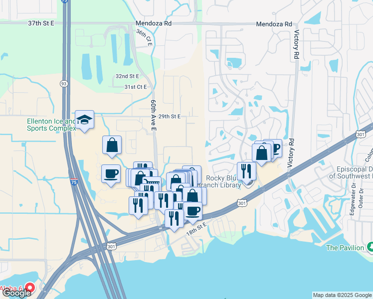 map of restaurants, bars, coffee shops, grocery stores, and more near 6203 27th Street East in Ellenton