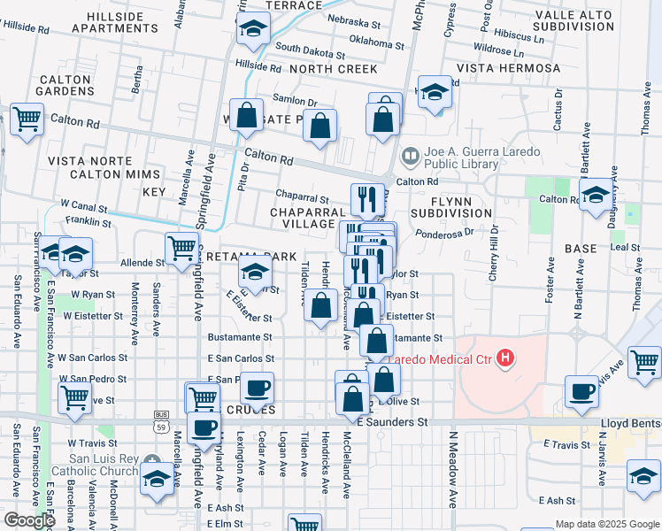 map of restaurants, bars, coffee shops, grocery stores, and more near 1012 Taylor Street in Laredo