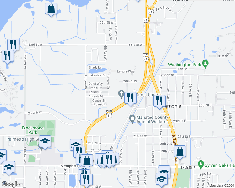 map of restaurants, bars, coffee shops, grocery stores, and more near 520 26th Street West in Palmetto