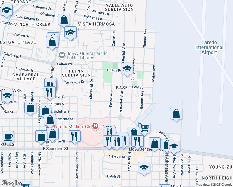 map of restaurants, bars, coffee shops, grocery stores, and more near 4602 North Bartlett Avenue in Laredo