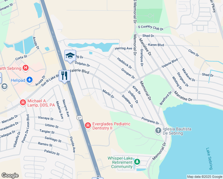 map of restaurants, bars, coffee shops, grocery stores, and more near 3212 Marlin Drive in Sebring