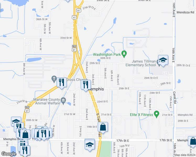 map of restaurants, bars, coffee shops, grocery stores, and more near 2617 4th Avenue East in Palmetto