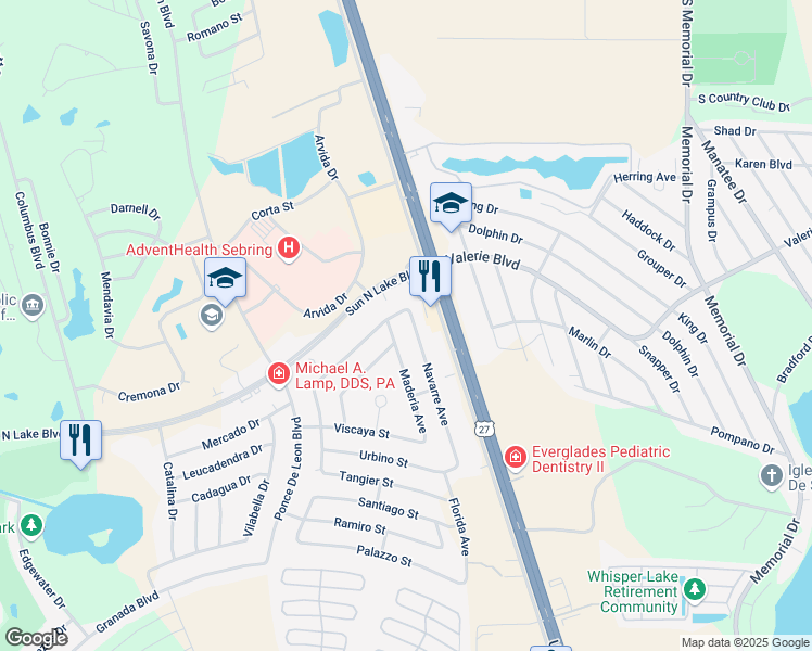 map of restaurants, bars, coffee shops, grocery stores, and more near 4508 Maderia Avenue in Sebring