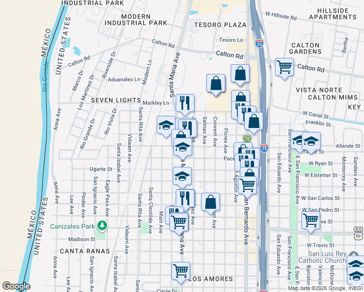 map of restaurants, bars, coffee shops, grocery stores, and more near 1510 Chicago Street in Laredo