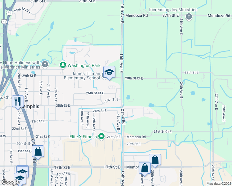 map of restaurants, bars, coffee shops, grocery stores, and more near 2232 15th Avenue East in Palmetto