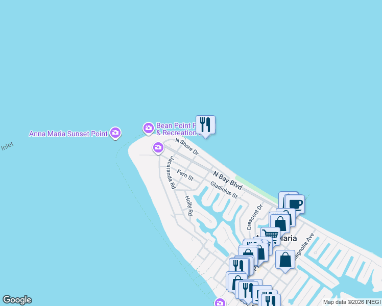 map of restaurants, bars, coffee shops, grocery stores, and more near 618 North Bay Boulevard in Anna Maria