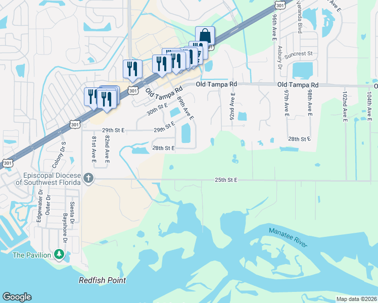 map of restaurants, bars, coffee shops, grocery stores, and more near 8825 28th Street East in Parrish