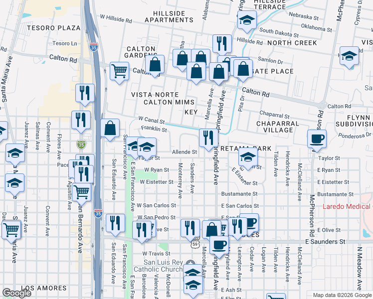 map of restaurants, bars, coffee shops, grocery stores, and more near 360-400 Taylor Street in Laredo