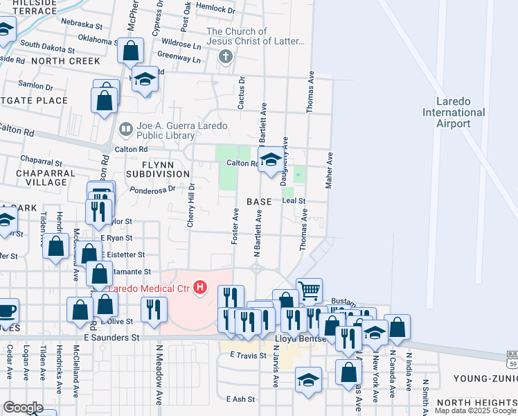 map of restaurants, bars, coffee shops, grocery stores, and more near 4602 North Bartlett Avenue in Laredo