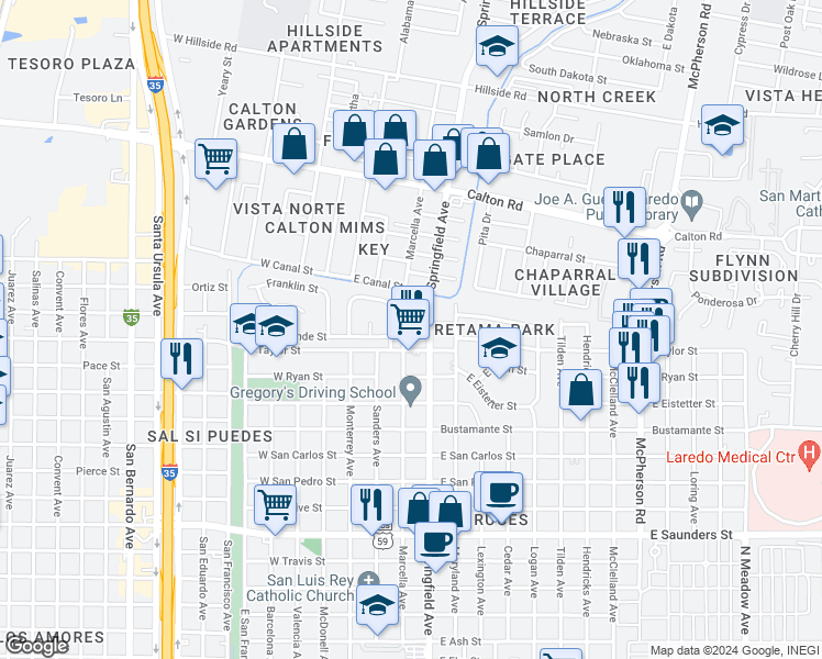 map of restaurants, bars, coffee shops, grocery stores, and more near 4519 Marcella Avenue in Laredo
